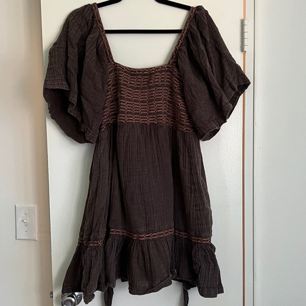 Free People Brown Bell Sleeve Tie Back Dress